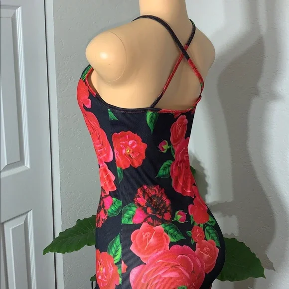 Rose Print Bodycon Dress L-XL, Summer Low Cut Spaghetti Strap - Picture 4 of 5